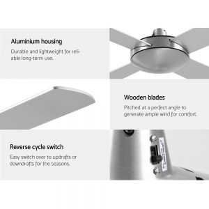 Devanti 52 inch 1300mm Ceiling Fan 4 Wooden Blades with Remote Reversible Fans Silver
