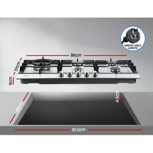 Devanti Gas Cooktop 90cm Kitchen Stove Cooker 5 Burner Stainless Steel NGLPG Silver