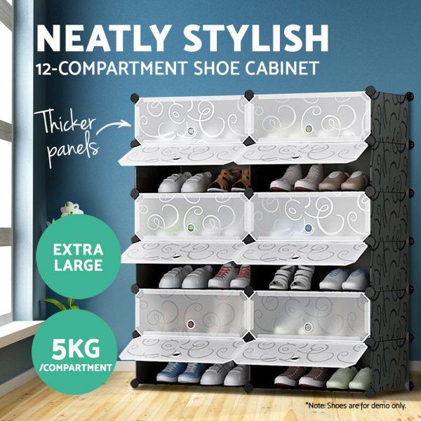 12 Cube Stackable Shoe Rack Storage Cabinet - Black & White - Image 3